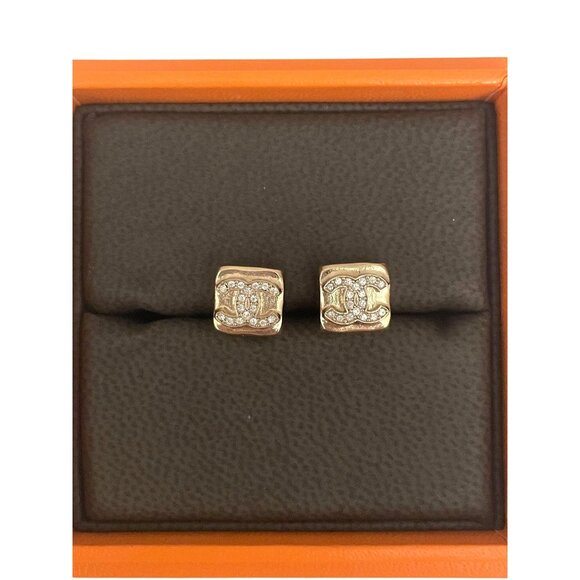 Chanel Gold-Tone Square Stud Earrings With Rhinestone CC Logo Made In Italy - Picture 1 of 3